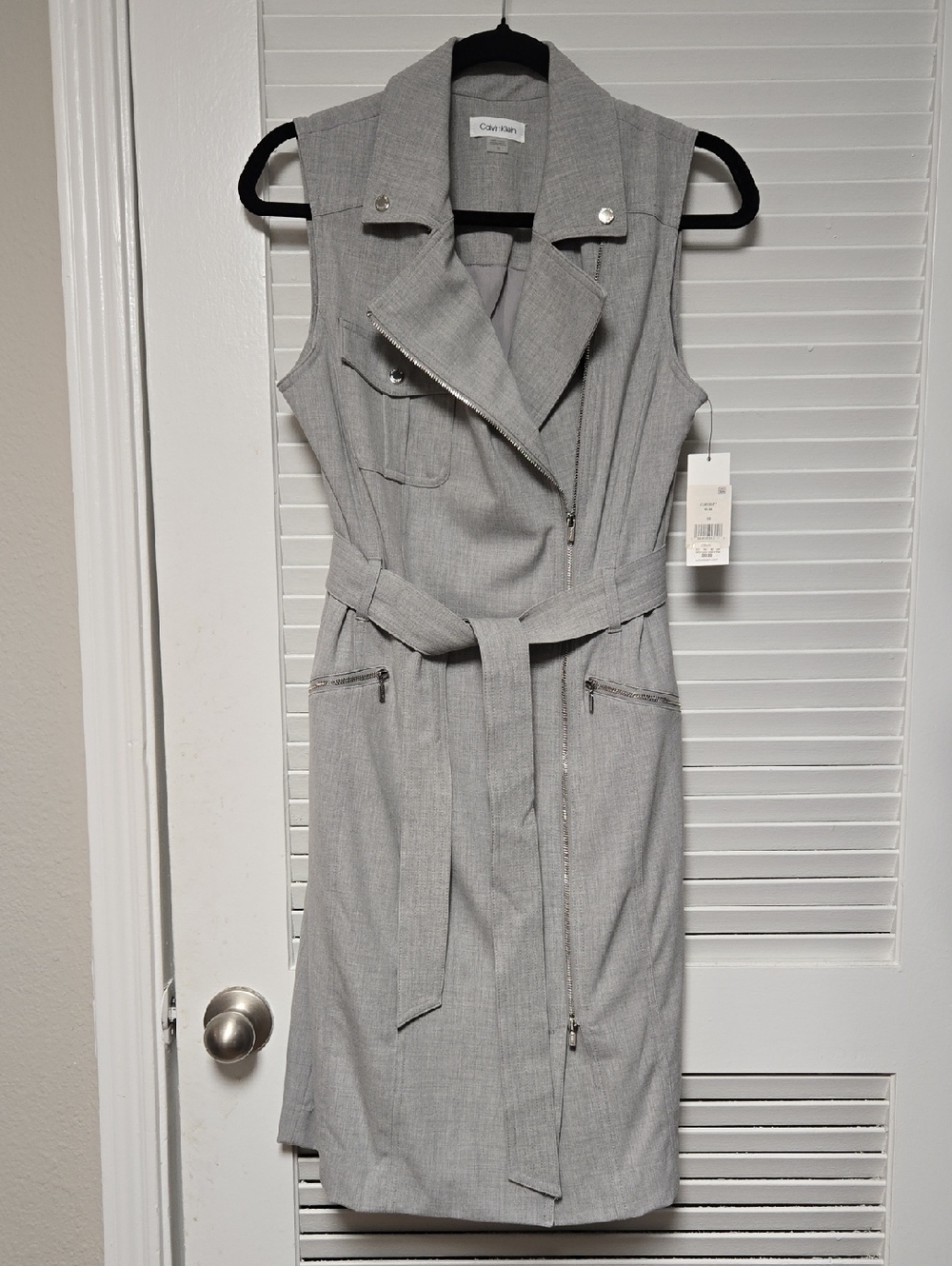 Calvin Klein Gray Sleeveless Belted Moto Dress